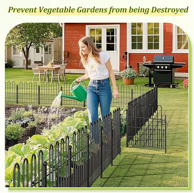 Bepatio Decorative Garden Fence Animal Barrier with Gate, 24in (H) x 10ft (L) 5 Panels Dog Fence Outdoor for Yard, Heavy Duty Metal Garden Fence Border, Flower Bed, Easy Setup, Black