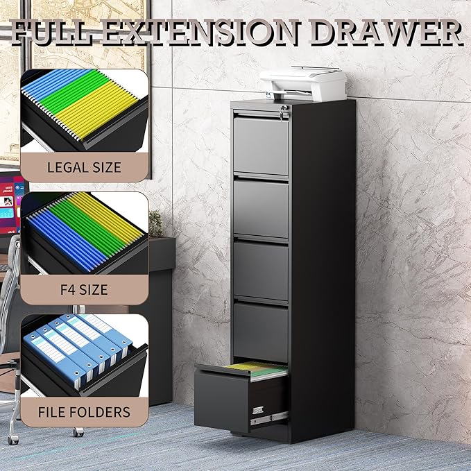 5 Drawer Vertical File Cabinet with Lock, Metal Filing Cabinets for Home Office, Heavy Duty File Storage Cabinet for Legal/Letter/A4 Documents, Easy to Assemble, Black