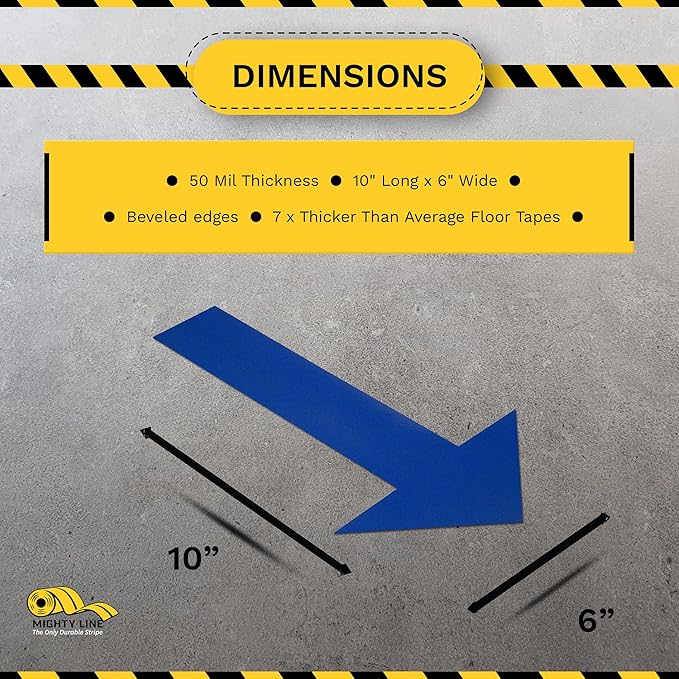 Mighty Line Solid Arrows Directional Sticker Sign Floor Marking Tape for Safety, Caution, Warning, Heavy-Duty, Peel and Stick, Adhesive, Industrial Quality, Blue, 10" by 6", Pack of 50