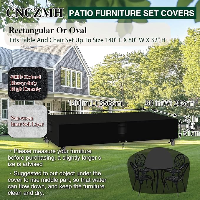 Heavy Duty Patio Furniture Covers Waterproof, 600D Outdoor Furniture Cover Waterproof for Sectional Sofa Couch, Outdoor Dining Table and Chair Set Covers 140''L x 80''W x 32''H, Black