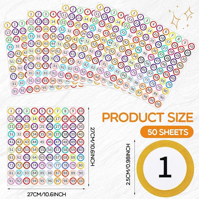 Outus 5000 Pcs 1 Inch 1 to 100 Number Stickers Small Number Dot Labels Consecutive Inventory Locker Storage Organizing Removable Stickers for Indoor Outdoor Office Rainbow