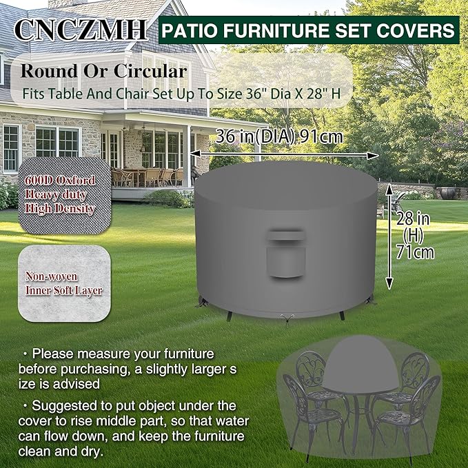 Heavy Duty Patio Furniture Covers Waterproof, 600D Round Outdoor Furniture Cover Waterproof for Sectional Sofa Couch, Outdoor Dining Table and Chair Set Covers 36"DIA x 28"H, Grey