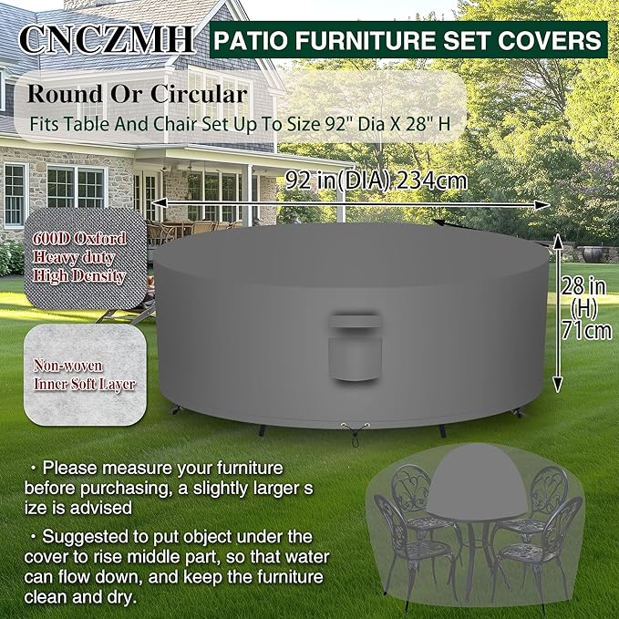 Heavy Duty Patio Furniture Covers Waterproof, 600D Round Outdoor Furniture Cover Waterproof for Sectional Sofa Couch, Outdoor Dining Table and Chair Set Covers 92"DIA x 28"H, Grey