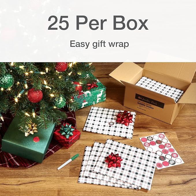 Quality Park Bubble Mailers, 8.25 x 11, Shipping Envelopes, Water Resistant Poly Padded Envelopes, Plaid, 25 Pack (QUA85872)
