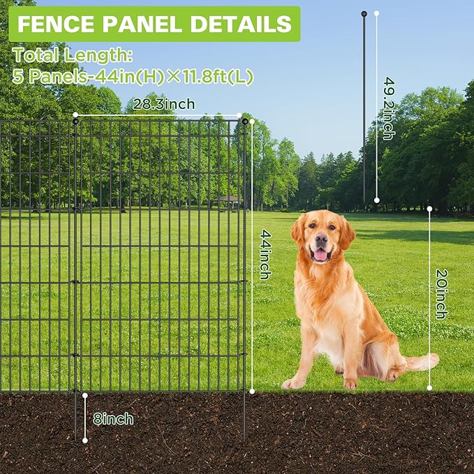 5 Panels No Dig Garden Fence with Gate, 44in(H) × 11.8ft(L) Decorative Metal Outdoor Dog Fence, Rustproof Pet Fencing for Yard, Patio, Flower Bed -Temporary Fencing| Easy to Install
