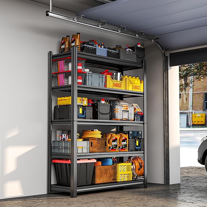 72"H Storage Shelves heavy duty 2535LBS Garage Shelving adjustable metal shel 5 tier shelving Unit metal storage rack for Basement, Warehouse, Pantry, Closet, Kitchen 72" H x 39.4" W x 13.8" D, Black