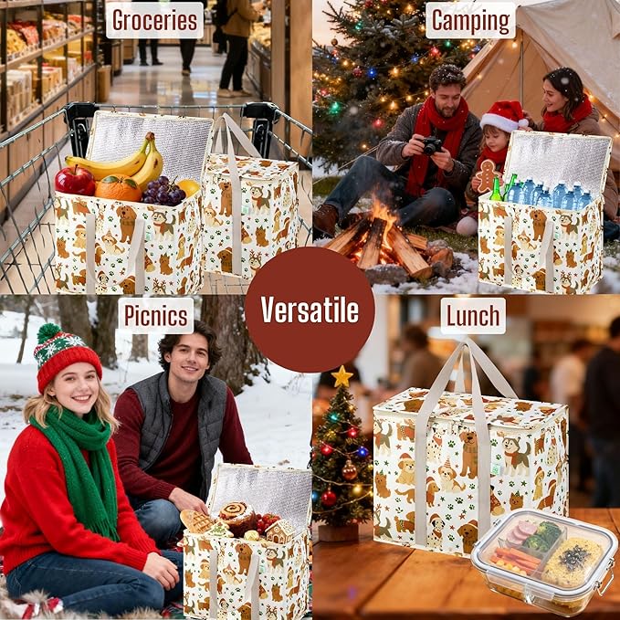 VENO 2 Pack Christmas Cooler Bag Insulated Reusable Grocery Shopping Bag, Food Delivery, Heavy Duty, Large Size, Durable Handles, Double Zippers, Lid, Collapsible (Holiday Pups, 2 Pack)