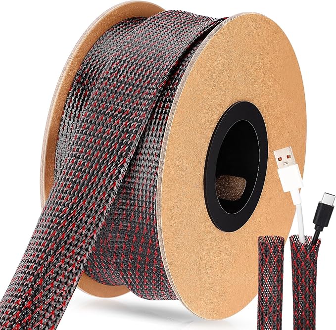 Pangda 300 Feet 1/2 Inch Wire Loom PET Expandable Braided Sleeving Braided Sleeve for TV, Computer, Home Theater (Black-Red)