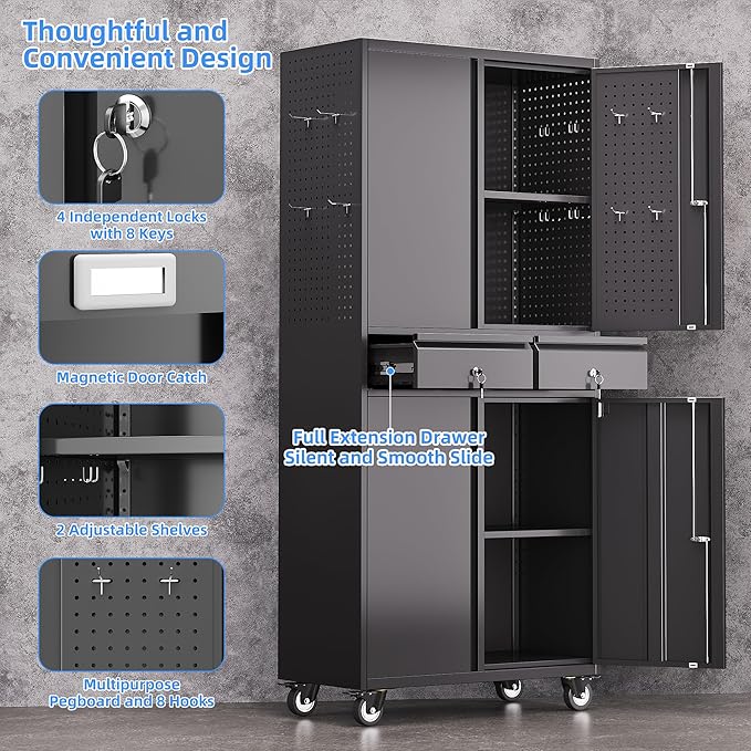 Metal Garage Storage Cabinet with 2 Drawers and 2 Adjustable Shelves, Rolling Tool Storage Cabinet with Wheels and Locking Doors for Garage, Warehouse, Black