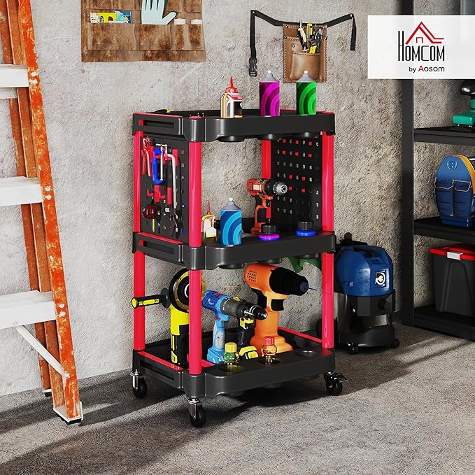 HOMCOM 3-Tier Rolling Tool Cart with Wheels, 200 LBS Capacity Plastic Utility Cart with Side Shelves, Mobile Service Tool Organizer for Garage, Warehouse, Workshop, Black and Red