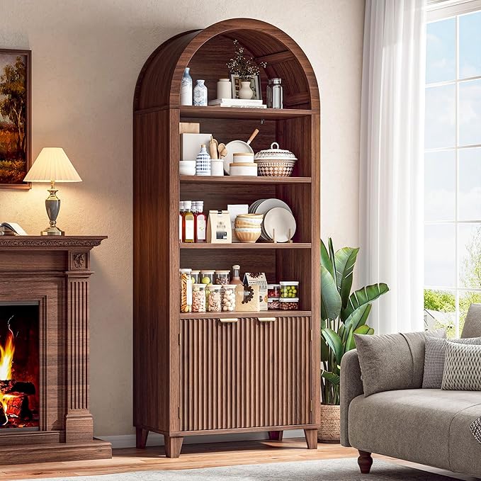 79.9" Tall Arched Storage Cabinet, 6-Tier Pantry Cabinet with Fluted Doors, Arch Kitchen Pantry with Open & Adjustable Shelves, Versatile Cupboard for Dining Room, Living Room, Walnut