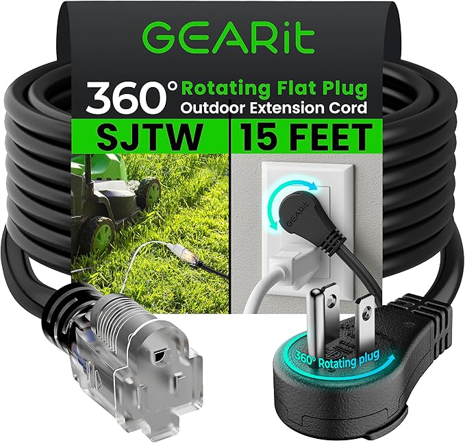 GEARit 360 Rotating Plug Indoor Outdoor Extension Cord Waterproof 15ft - 16 Gauge 16/3 AWG, 13A 1625W, 3 Prong Heavy Duty Extension Cord Weatherproof Power Cable for Outdoor Landscaping, Lights, ETL