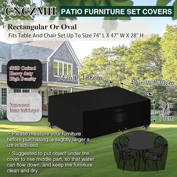 Heavy Duty Patio Furniture Covers Waterproof, 600D Outdoor Furniture Cover Waterproof for Sectional Sofa Couch, Outdoor Dining Table and Chair Set Covers 74''L x 47''W x 28''H, Black