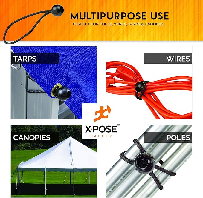 Xpose Safety Bungee Ball Cords 11" 10 Pack Heavy Duty Black Stretch Rope with Ball Ties for Canopies, Tarps, Walls, Cable Organization