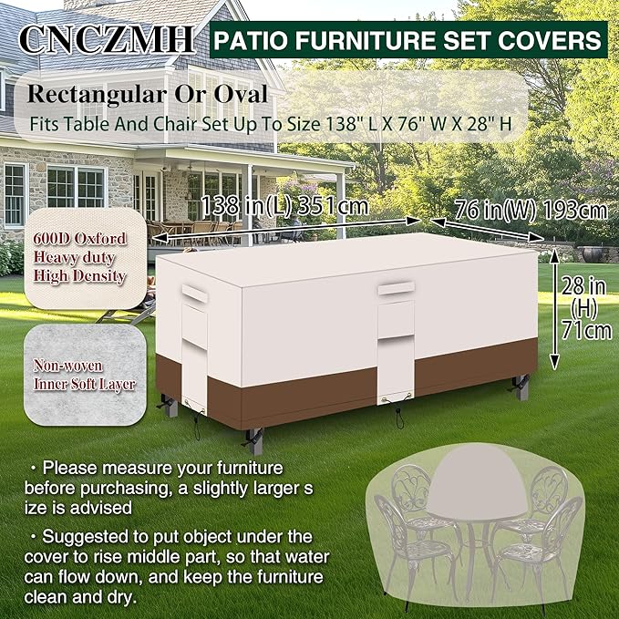Heavy Duty Patio Furniture Covers Waterproof, 600D Outdoor Furniture Cover Waterproof for Sectional Sofa Couch, Outdoor Dining Table and Chair Set Covers 138''L x 76''W x 28''H, Beige Brown
