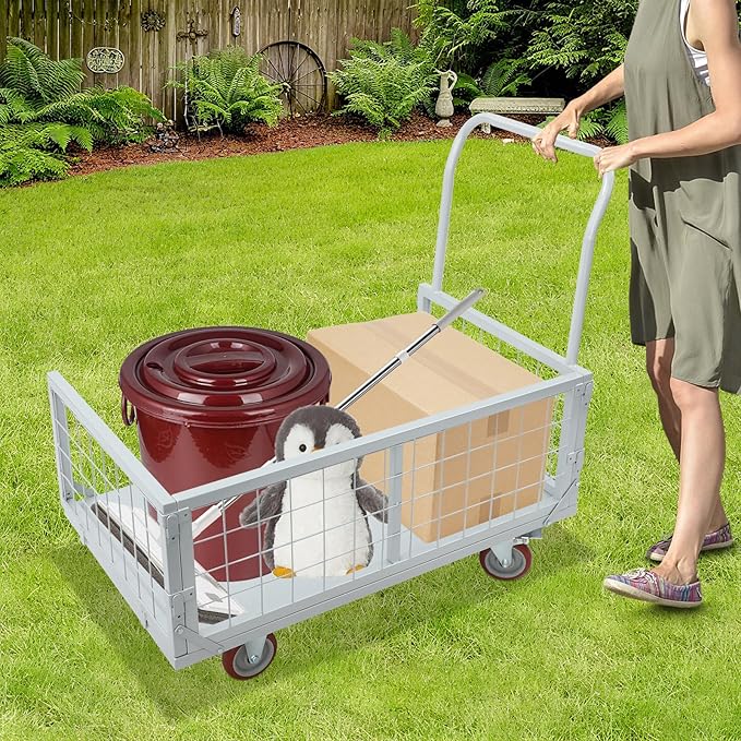4-in-1 Platform Truck Foldable Push Cartplatform Truck with Cage 2200 lbs, Heavy Duty Moving Platform Hand Cart with 4 Wheels & Brakes, Convertible Warehouse Push Dolly for Workshop Logistics, Silver