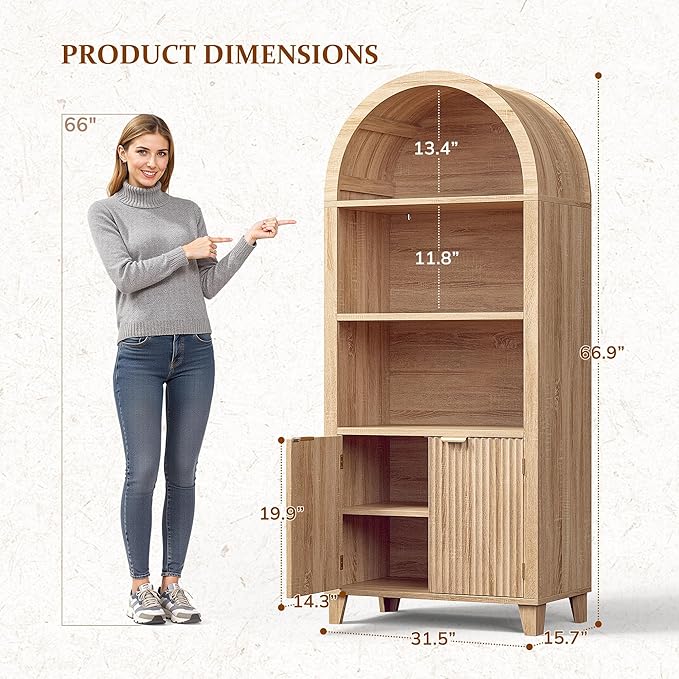 Arched Storage Cabinet, 5-Tier Pantry Cabinet with Fluted Doors, Arched Cabinet with Open & Adjustable Shelves, Versatile Cupboard for Dining Room, Living Room, Light Oak