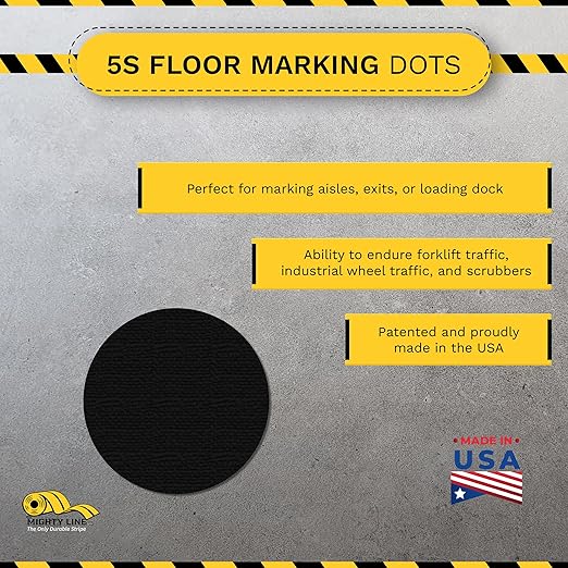 Mighty Line 3/4" Solid Dot Shaped Floor Marking Tape for Safety, Caution, Warning, Heavy-Duty, Peel and Stick, Adhesive Circle Spots, Industrial Quality, Black, Pack of 200