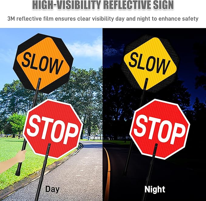 2 Pack Stop Slow Sign 18 x 18 Inches with 66" Telescopic Handle, Double Sided Handheld Stop/Slow Paddle Sign, Adjustable Reflective Aluminum Traffic Signs with Engineer Grade Film for Road Street