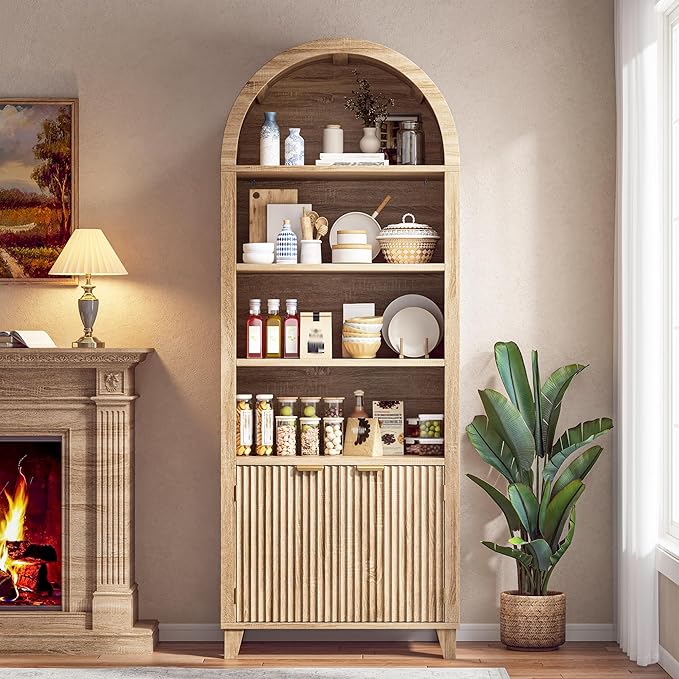79.9" Tall Arched Pantry Cabinet, 6-Tier Arched Cabinet with Fluted Doors, Kitchen Pantry with Open & Adjustable Shelves, Versatile Cupboard for Dining Room, Living Room, Light Oak