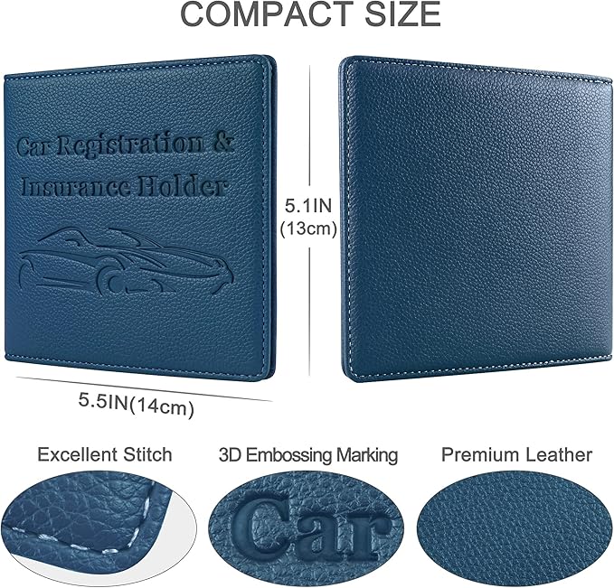 Car Registration and Insurance Holder, Premium PU Leather Vehicle Glove Box Car Organizer Men Women Wallet Accessories Case for ID, Driver's License - Blue