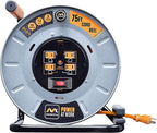 Masterplug Metal Steel Drum with Four Powered Outlets, Open Cord Reel Extension Cord with Winding Handle, Overload Circuit Breaker and Power Switch, 75 Feet 12AWG, High Visibility Cord