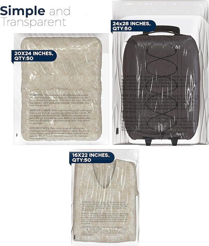 Poly Bags with Suffocation Warning 16x22, 20x24, 24x28 - X-Large Combo Pack of 150 (50 each size) - Clear Poly Bags by Retail Supply Co - Extra Strong Seal