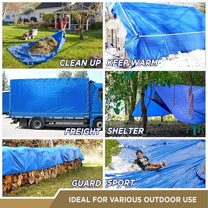 ATERET Multi-Purpose Blue Tarp Cover I Waterproof, 5-Mil Thick Plastic Poly with Grommets Eyes for Secured Tie Down I Great Idea Use for Roof, Camping, Patio, Canopy, Boat, Tent & Camping (10' x 10')