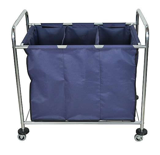 LUXOR HL15 Commercial Laundry Cart with Wheels, Heavy-Duty Steel Frame with Removable and Divided Canvas Bag, 7 Bushels Capacity, Blue