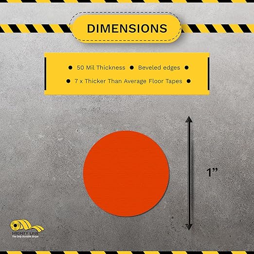 Mighty Line 1" Solid Dot Shaped Floor Marking Tape for Safety, Caution, Warning, Heavy-Duty, Peel and Stick, Adhesive Circle Spots, Industrial Quality, Orange, Pack of 200