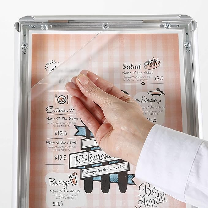 M&T Displays Curved Menu Board, 11x17 Inch Pedestal Sign Holder with 8.5x11 Inch Brochure Holder Silver Floor Standing Aluminum Front Loading Easy Open Poster Message Advertisement Post