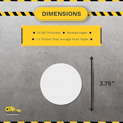 Mighty Line 3.75" Solid Dot Shaped Floor Marking Tape for Safety, Caution, Warning, Heavy-Duty, Peel and Stick, Adhesive Circle Spots, Industrial Quality, White, Pack of 100