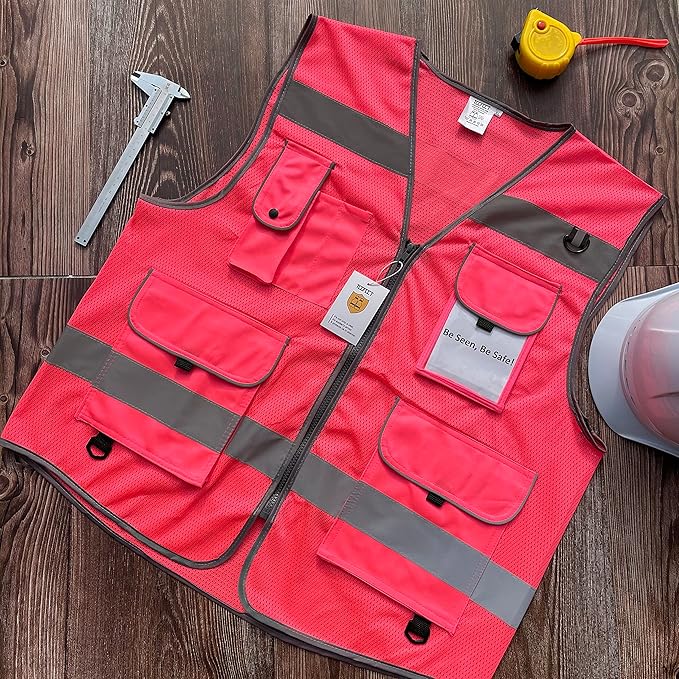 TCCFCCT Mesh Reflective Safety Vest 9 Pockets High Visibility Vest for Men Women, Hi Vis Reflective Work Vest for Safety, Meets ANSI/ISEA Standards, (Pink, XX-Large)