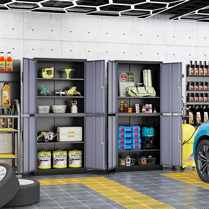 71” Metal Storage Cabinet-Lockable File Garage Tool Cabinets with Doors and Shelves- Gray&Black Steel Cabinet for Garage-Heavy Duty File Storage for Home, Office, Gym, Kitchen, School