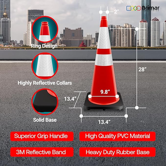 Brimar 28 Inch Traffic Cones, 4 Pack, Orange PVC Safety Cones with Black Base for Construction, Road Parking, MUTCD Approved Traffic Cones with 3M Reflective Bands, Structurally Stable Wearproof