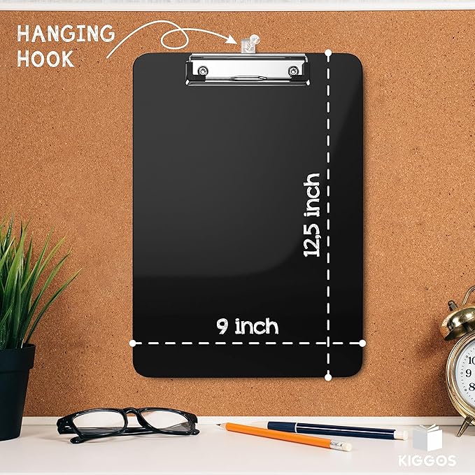 25 Pack Plastic Clipboards Black Clip Boards with Low Profile Metal 12.5 x 9 Inch Letter Size Bulk Class Set Black Acrylic Hanging Hook - Holds 100 Sheets