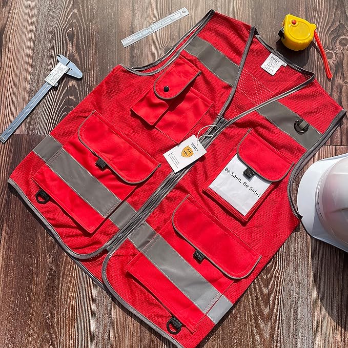TCCFCCT Mesh Reflective Vest 9 Pockets High Visibility Safety Vest for Men Women, Hi Vis Construction Vest with Reflective Strips, Meets ANSI/ISEA Standards, (Red, Small)