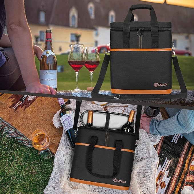 opux 3 Bottle Wine Carrier Tote, Insulated Leakproof Wine Cooler Bag, Wine Travel Bag Tote for Picnic BYOB Beach, Portable Wine Bottle Carrying Case, Gift for Wine Lover Women Men Christmas, Brown