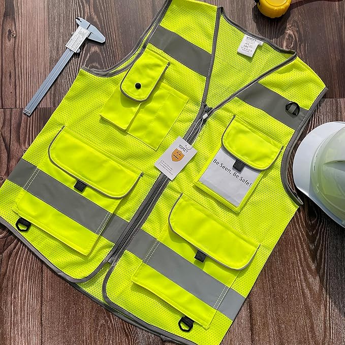 TCCFCCT Mesh Reflective Safety Vest 9 Pockets High Visibility Vest for Men Women, Hi Vis Reflective Work Vest for Safety, Meets ANSI/ISEA Standards, (Yellow, XX-Large)