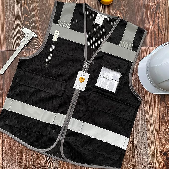 TCCFCCT Mesh Hi Vis Vest 5 Pockets High Visibility Work Vest with Reflective Strips, Meets ANSI/ISEA Standards, Black, M