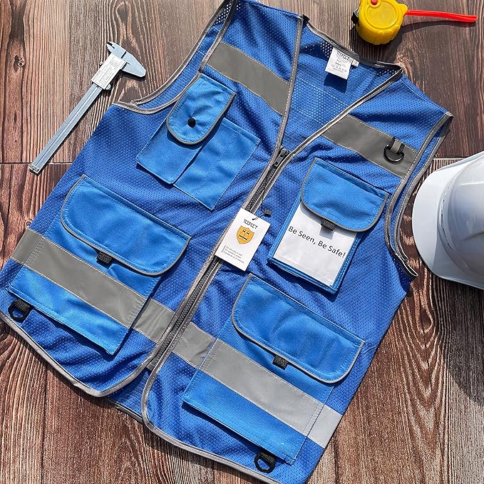 TCCFCCT Mesh Reflective Safety Vest 9 Pockets High Visibility Vest for Men Women, Hi Vis Reflective Work Vest for Safety, Meets ANSI/ISEA Standards, (Blue, XX-Large)